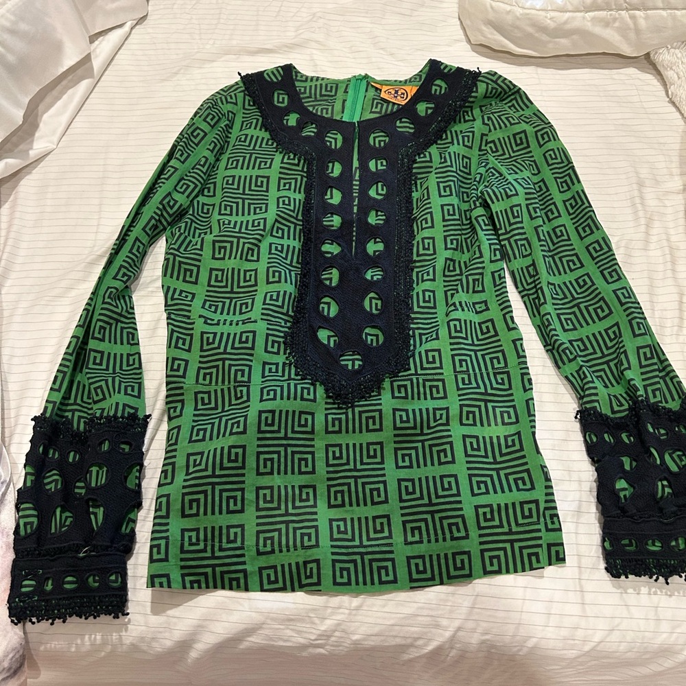 Tory Burch Womens Green Printed Dorelia Tunic Long Sleeve e Size 4